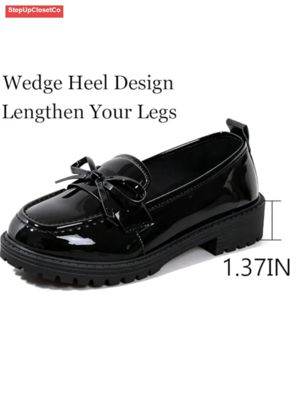 Patent Leather Bow Loafers Chunky Heel Lug Sole Round Toe Slip-On Work Shoes